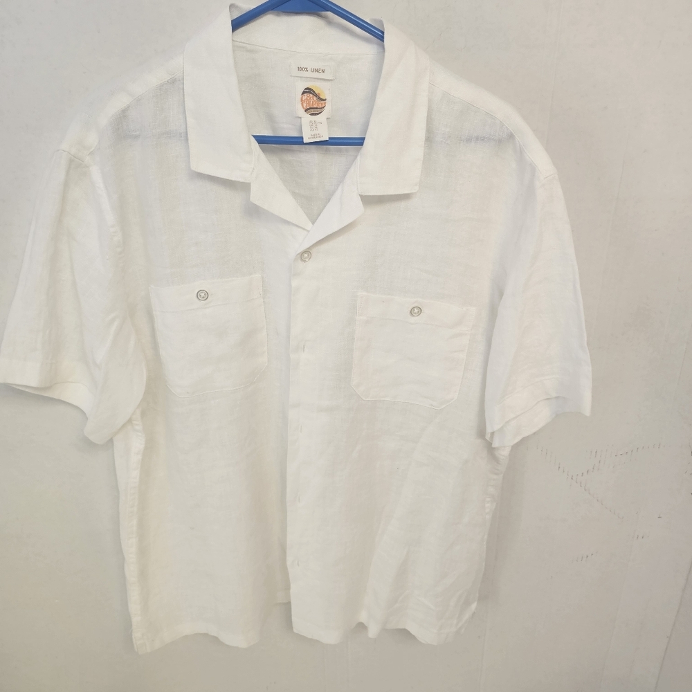 White Men's Shirt C&C California 100% Linen XL Casual Preppy Vacation Coastal